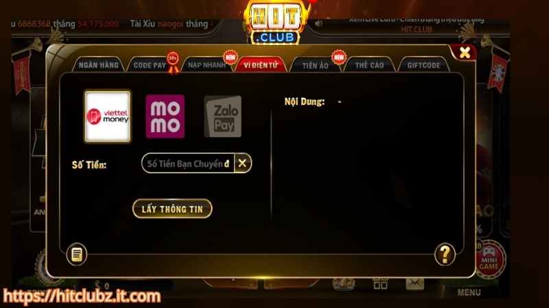 Nạp tiền HITCLUB qua ví điện tử MOMO