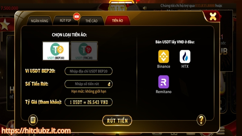 Rút tiền thắng tại HITCLUB qua ví tiền ảo